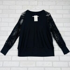 Floral Blooming Black Ribbed V-Neck Top with Floral Lace Long Sleeves NEW‎